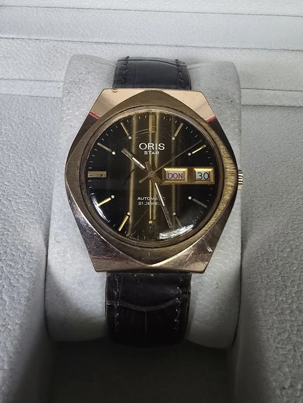 Oris Star Gold-Tone Case with Black Dial and Brown Strap
